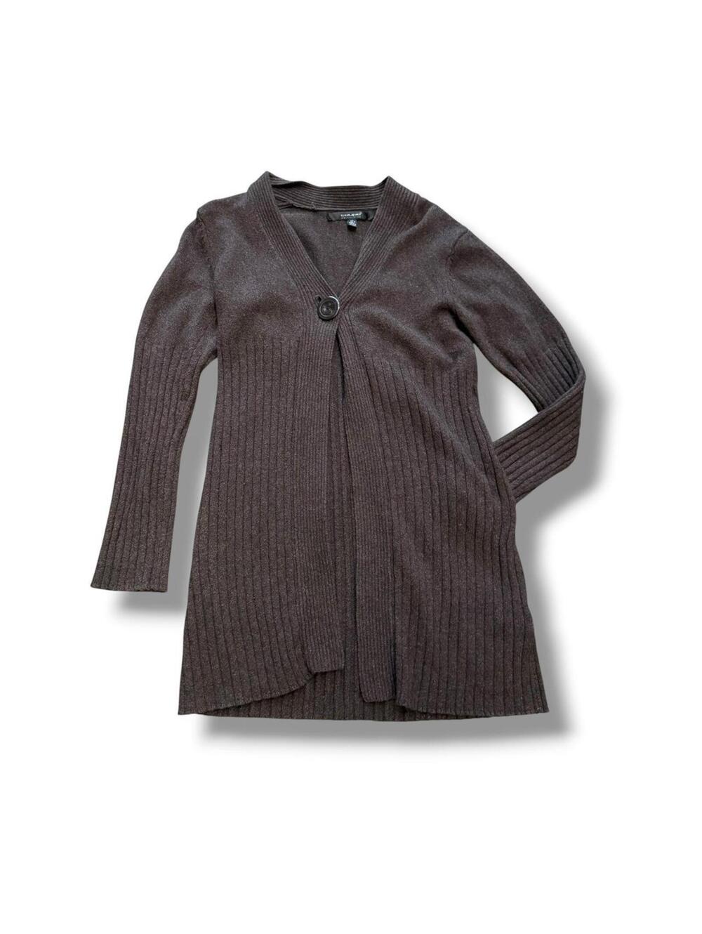 Brown Ribbed Trim Longline Minimal Cardigan